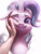 Size: 2820x3707 | Tagged: safe, artist:xyq, starlight glimmer, human, pony, g4, cheek squish, cute, female, floppy ears, glimmerbetes, hand, high res, human on pony petting, looking at you, mare, one eye closed, petting, smiling, smiling at you, solo, squishy cheeks