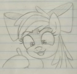 Size: 1007x963 | Tagged: safe, artist:supasurida, apple bloom, earth pony, pony, g4, female, filly, foal, lined paper, pencil, solo, traditional art