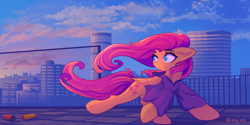 Size: 6000x3000 | Tagged: safe, artist:stravy_vox, fluttershy, pegasus, pony, g4, absurd resolution, city, clothes, complex background, female, folded wings, looking back, mare, outdoors, running, solo, sunrise, wings