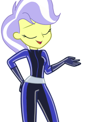 Size: 1280x1836 | Tagged: safe, artist:skyfallfrost, upper crust, human, equestria girls, g4, base used, bodysuit, breasts, catsuit, clothes, latex, latex suit, simple background, smiling, solo, totally spies, white background