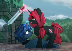 Size: 1170x831 | Tagged: safe, artist:shelti, oc, oc only, pony, unicorn, cross, female, male, mare, red and black oc, ruins, stallion, sword, weapon