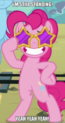 Size: 600x1136 | Tagged: safe, ai assisted, ai content, edit, edited edit, edited screencap, screencap, pinkie pie, rainbow dash, earth pony, pony, g4, party pooped, ai cover, bipedal, caption, cropped, elton john, female, grin, i'm still standing, image macro, mare, meme, memeful.com, rvc, smiling, solo focus, sound, sound only, sunglasses, text, webm
