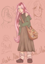 Size: 749x1060 | Tagged: safe, artist:89mak67, discord, fluttershy, oc, draconequus, human, pony, g4, alternate hairstyle, artistsona, bag, boots, clothes, eyeshadow, female, hoodie, humanized, makeup, mare, off shoulder, paper, peace symbol, pencil, pink background, shirt, shoes, simple background, skirt, socks, solo, sweat, sweatdrop, t-shirt, tank top