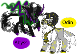 Size: 1414x1000 | Tagged: safe, artist:zetikoopa, oc, oc:abyss arturus, oc:odin, goat, pony, umbrum, unicorn, bell, cloven hooves, eyepatch, immortal, male, mythical, norse mythology, odin, rulers of past, runes, simple background, stallion, transparent background