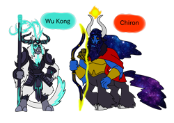 Size: 1414x1000 | Tagged: safe, artist:zetikoopa, oc, oc:chiron, oc:wu kong, centaur, storm creature, yeti, taur, armor, bow, bow (weapon), chinese culture, chinese mythology, chiron, cloven hooves, ethereal beard, ethereal hair, ethereal tail, greek mythology, immortal, male, monkey king, mythical, rulers of past, simple background, staff, tail, transparent background, wu kong, wukong