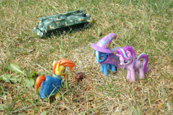 Size: 1095x730 | Tagged: safe, artist:dingopatagonico, starlight glimmer, sunburst, trixie, pony, unicorn, g4, photo, stalin glimmer, tank (vehicle), toy