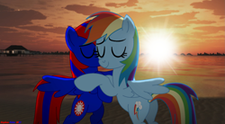 Size: 1915x1054 | Tagged: safe, artist:stephen-fisher, rainbow dash, oc, oc:stephen (stephen-fisher), alicorn, pegasus, pony, g4, bipedal, eyes closed, female, hug, male, shipping, stepdash, straight, sunset