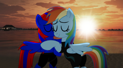 Size: 1915x1054 | Tagged: safe, artist:stephen-fisher, rainbow dash, oc, oc:stephen (stephen-fisher), alicorn, pegasus, pony, g4, bipedal, clothes, eyes closed, female, hug, male, shipping, stepdash, sunset, swimsuit