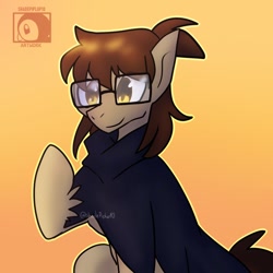 Size: 1080x1080 | Tagged: safe, artist:shadepiplup10, oc, oc only, earth pony, pony, bust, clothes, earth pony oc, glasses, gradient background, smiling, solo