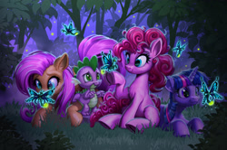 Size: 2400x1589 | Tagged: safe, artist:harwick, fluttershy, pinkie pie, spike, twilight sparkle, dragon, earth pony, firefly (insect), insect, pegasus, pony, unicorn, g4, chest fluff, cute, female, folded wings, forest, glowing, grass, hoofbutt, lying down, male, mare, night, prone, sitting, smiling, underhoof, unicorn twilight, wings