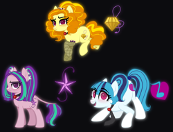Size: 3500x2665 | Tagged: safe, artist:mint-light, artist:thatonenicekitty, adagio dazzle, aria blaze, sonata dusk, earth pony, pony, g4, adoragio, ariabetes, base used, black background, blushing, clothes, cute, equestria girls ponified, female, fishnet stockings, gem, high res, leonine tail, mare, necktie, open mouth, ponified, raised hoof, raised leg, simple background, siren gem, sonatabetes, stockings, tail, the dazzlings, thigh highs, trio