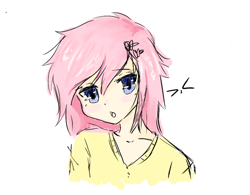 Size: 920x717 | Tagged: safe, artist:savvyxkit, fluttershy, human, g4, >.<, ><, alternate hairstyle, clothes, cute, eyes closed, female, humanized, open mouth, shirt, short hair, shyabetes, simple background, solo, white background