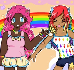 Size: 1050x1000 | Tagged: safe, artist:toyjadezie, pinkie pie, rainbow dash, human, g4, ><, alternate hairstyle, bandaid, belt, bracelet, clothes, dark skin, duo, eared humanization, eyes closed, female, food, frosting, grin, humanized, jewelry, necklace, shorts, smiling, spoon, tank top, winged humanization, wings, wristband, xd