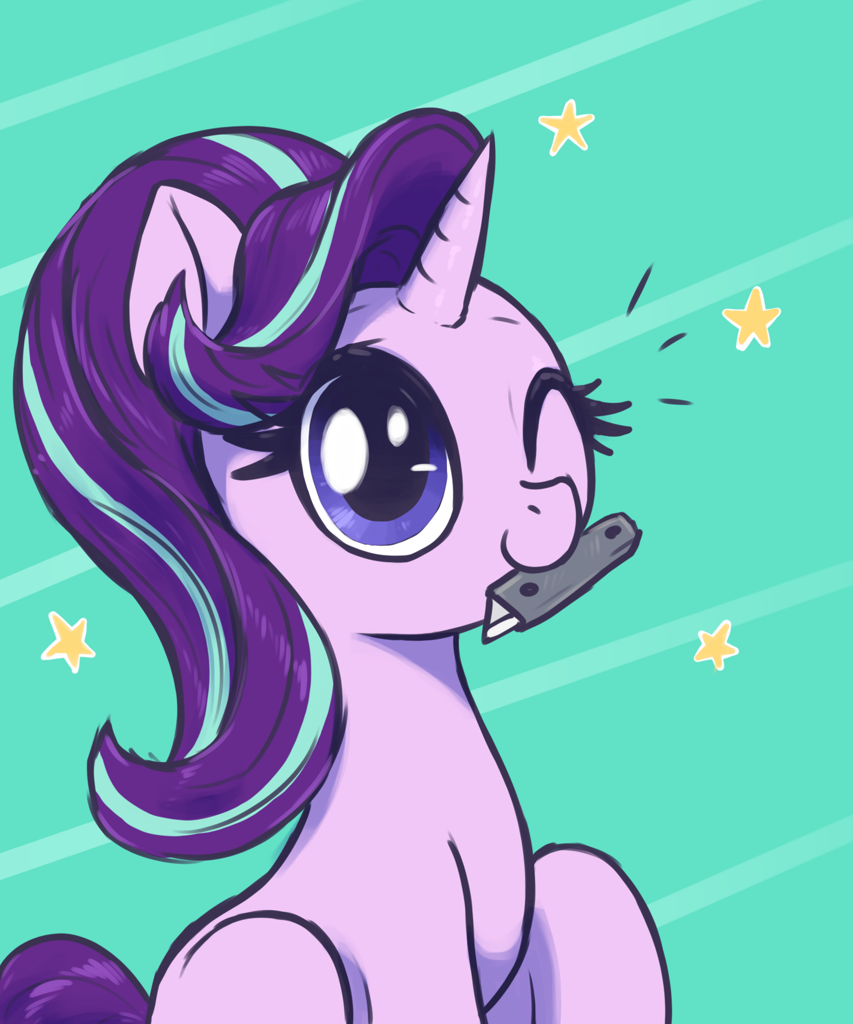 [cute,female,high res,looking at you,mare,mouth hold,pony,razor,safe,solo,stars,unicorn,wink,box cutter,one eye closed,starlight glimmer,glimmerbetes,smiling,artist:t72b,historical roleplay starlight]
