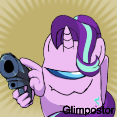 Size: 240x240 | Tagged: safe, artist:josephthedumbimpostor, starlight glimmer, derpibooru, g4, among us, friday night funkin', glimpostor, gun, meta, spoiler image, spoilered image joke, text, weapon