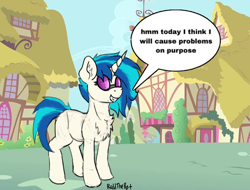 Size: 2356x1788 | Tagged: safe, artist:reddthebat, dj pon-3, vinyl scratch, earth pony, pony, unicorn, g4, chest fluff, dialogue, ear fluff, female, mare, ponyville, solo, speech bubble