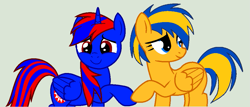 Size: 1011x431 | Tagged: safe, artist:stephen-fisher, oc, oc only, oc:flare spark, oc:stephen (stephen-fisher), alicorn, pegasus, pony, g4, couple, needs more saturation, shipping, simple background, smiling, stepspark