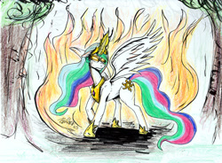 Size: 1056x776 | Tagged: safe, artist:masterdarhil, princess celestia, g4, angry, colored pencil drawing, fanfic art, fire, glowing, glowing eyes, glowing horn, horn, ragelestia, traditional art, wavy mane