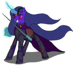 Size: 2386x2107 | Tagged: safe, artist:timejumper, oc, oc only, oc:shanalotte, earth pony, pony, unicorn, armor, high res, knight, lord of the rings, morgul blade, nightmarified, simple background, solo, sword, transparent background, weapon