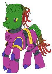 Size: 2155x3045 | Tagged: safe, artist:timejumper, oc, oc only, oc:chaos augur, alien, hybrid, pony, unicorn, series:gaia 10k, alien:tionese, armor, fangs, high res, hybrid oc, power armor, simple background, solo, space marine, tentacles, transparent background, warhammer 40k