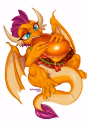 Size: 4229x6000 | Tagged: safe, artist:rottengotika, smolder, dragon, g4, absurd resolution, bacon, burger, cheeseburger, dragoness, eating, female, food, hamburger, meat, simple background, solo, white background