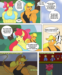 Size: 4484x5401 | Tagged: safe, artist:matchstickman, apple bloom, applejack, earth pony, anthro, matchstickman's apple brawn series, tumblr:where the apple blossoms, g4, abs, apple bloom's bow, apple brawn, apple sisters, applejack's hat, applejacked, biceps, bow, breasts, busty apple bloom, busty applejack, clothes, comic, cowboy hat, deltoids, dialogue, duo, exclamation point, female, flashback, hair bow, hat, mare, medals, muscles, muscular female, older, older apple bloom, pecs, rope, siblings, sisters, speech bubble