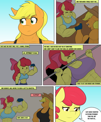 Size: 4484x5401 | Tagged: safe, artist:matchstickman, apple bloom, applejack, earth pony, anthro, matchstickman's apple brawn series, tumblr:where the apple blossoms, g4, abs, apple bloom's bow, apple brawn, apple sisters, applejack's hat, applejacked, arm wrestling, armpits, biceps, bow, breasts, busty apple bloom, busty applejack, clothes, comic, cowboy hat, dialogue, duo, female, gritted teeth, hair bow, hat, mare, muscles, muscular female, older, older apple bloom, siblings, sisters, speech bubble, teeth, tongue out, weight lifting, weights
