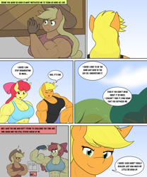 Size: 4484x5401 | Tagged: safe, artist:matchstickman, apple bloom, applejack, earth pony, anthro, matchstickman's apple brawn series, tumblr:where the apple blossoms, g4, abs, apple bloom's bow, apple brawn, apple sisters, applejack's hat, applejacked, armpits, bicep flex, biceps, bow, breasts, busty apple bloom, busty applejack, clothes, comic, cowboy hat, deltoids, dialogue, duo, female, flexing, hair bow, hat, mare, muscles, muscular female, older, older apple bloom, pecs, scoreboard, siblings, sisters, speech bubble, thighs, thunder thighs, triceps