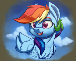 Size: 2500x2000 | Tagged: safe, artist:silverhopexiii, rainbow dash, pegasus, pony, g4, bust, cloud, female, folded wings, high res, magenta eyes, mare, open mouth, open smile, portrait, sky, smiling, solo, wings