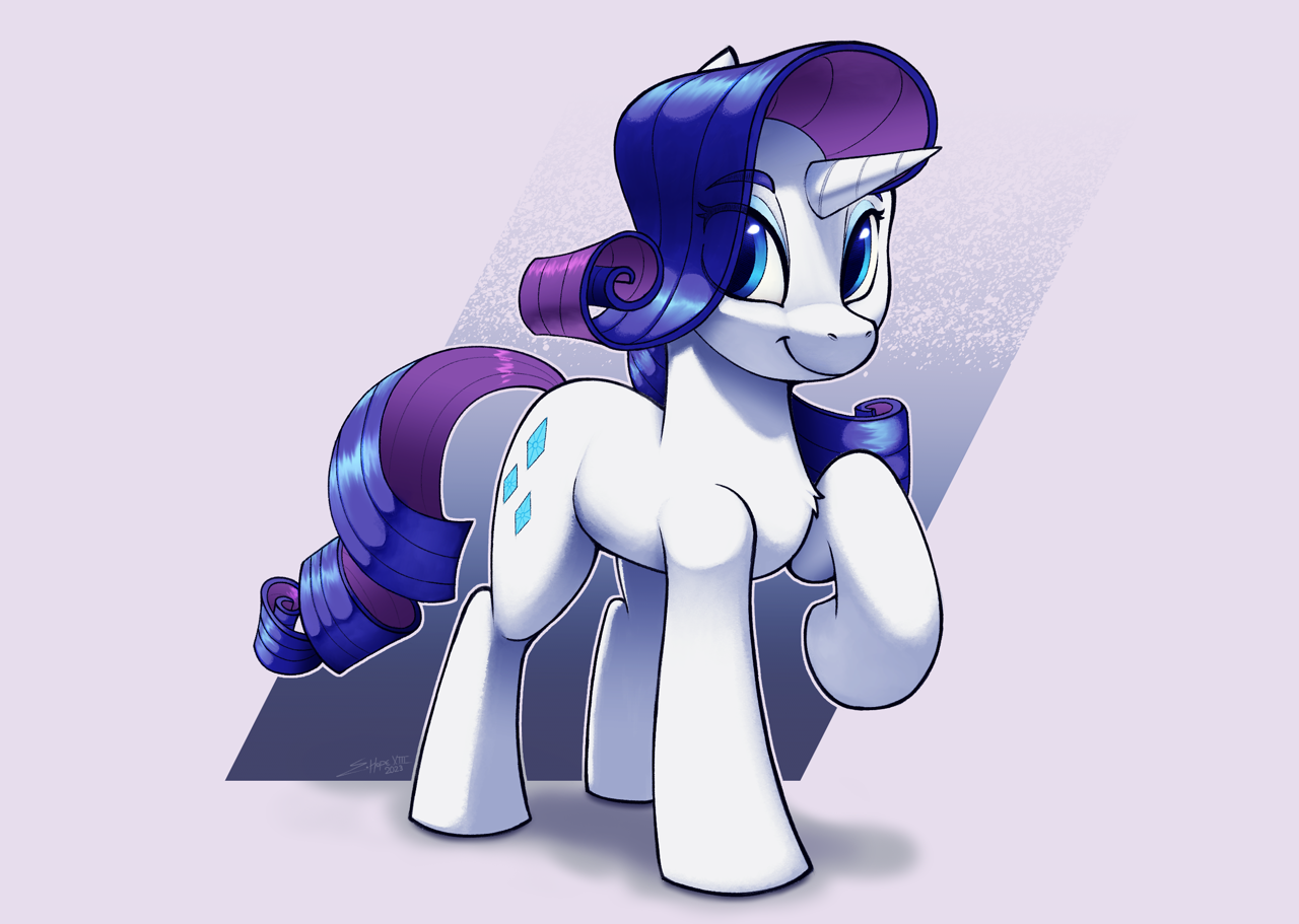 [female,looking at you,mare,pony,raised hoof,rarity,safe,simple background,solo,unicorn,abstract background,artist:silverhopexiii,smiling,smiling at you]