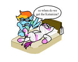 Size: 677x542 | Tagged: safe, artist:notfocks, rainbow dash, rough tumble, earth pony, pegasus, pony, g4, read it and weep, bed, clothes, dialogue, drugs, duo, female, hospital bed, hospital gown, ketamine, male, mare, narrowed eyes, simple background, speech bubble, stallion, white background