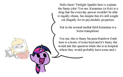 Size: 894x566 | Tagged: safe, artist:notfocks, twilight sparkle, oc, oc:fox, pegasus, pony, unicorn, g4, dialogue, drawing tablet, drugs, duo, explaining the joke, explanation, female, hoof hold, ketamine, looking back, magnetic hooves, mare, misspelling, simple background, solo focus, speech bubble, stylus, unicorn twilight, white background