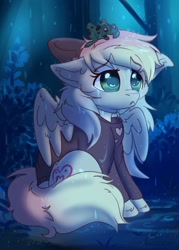 Size: 1876x2619 | Tagged: safe, artist:zobaloba, oc, oc only, oc:blazey sketch, frog, pegasus, pony, alone, bow, clothes, crying, ears back, female, forest background, green eyes, grey fur, hair bow, high res, mare, multicolored hair, outdoors, pegasus oc, rain, sad, sitting, small wings, solo, sweater, wings