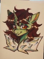Size: 3072x4080 | Tagged: safe, artist:tendocake, oc, oc only, pony, unicorn, bust, clothes, freckles, horn, jacket, looking at you, marker, marker drawing, photo, smiling, smiling at you, solo, traditional art