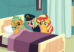 Size: 1920x1360 | Tagged: safe, artist:emeraldblast63, artist:limedazzle, canter zoom, lemon zest, sunset shimmer, pony, unicorn, comic:the tale of two sunsets, equestria girls, g4, beard, bed, curtains, facial hair, father and child, father and daughter, female, glasses, hat, hospital, hospital bed, male, mare, missing horn, stallion, story included, trio, worried