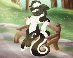 Size: 2500x2000 | Tagged: safe, artist:euspuche, oc, oc only, oc:zenawa skunkpony, earth pony, hybrid, pony, skunk, skunk pony, bench, chest fluff, countershading, earth pony oc, featureless crotch, floppy ears, high res, hybrid oc, looking at you, male, open mouth, outdoors, pale belly, park, park bench, paws, resting, sitting, smiling, solo, stallion, tail, unshorn fetlocks