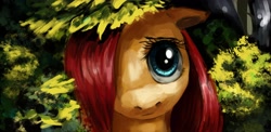 Size: 4080x1995 | Tagged: safe, artist:misstwipietwins, fluttershy, pegasus, pony, g4, bush, bust, female, looking at you, mare, outdoors, portrait, solo, tree, wip