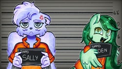 Size: 1280x720 | Tagged: safe, artist:pawkettes, oc, oc only, oc:eden shallowleaf, skunk, barbie mugshot meme, clothes, furry, furry oc, jumpsuit, meme, mugshot, never doubt rainbowdash69's involvement, prison outfit, prisoner, wing hold, wings