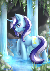 Size: 2480x3507 | Tagged: safe, artist:tokokami, minuette, pony, unicorn, g4, beautiful, blushing, butt, cave, cute, dock, ear fluff, female, flower, high res, horn, looking at you, looking back, looking back at you, mare, minu-ass, minubetes, plot, raised hoof, rock, smiling, smiling at you, solo, tail, underhoof, water, waterfall