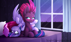Size: 1730x1040 | Tagged: safe, artist:scarlet-spectrum, fizzlepop berrytwist, tempest shadow, twilight sparkle, alicorn, pony, unicorn, g4, my little pony: the movie, bed, blushing, book, broken horn, curtains, duo, duo female, ear fluff, eye scar, eyebrows, facial scar, female, folded wings, glowing, glowing horn, horn, indoors, lesbian, levitation, lying down, lying on bed, lying on top of someone, magic, magic aura, mare, night, night sky, on back, on bed, one wing out, partially open wings, pillow, prone, reading, scar, ship:tempestlight, shipping, sky, smiling, stars, telekinesis, twilight sparkle (alicorn), upside down, window, wing fluff, wings