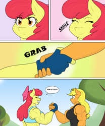 Size: 4484x5401 | Tagged: safe, artist:matchstickman, apple bloom, applejack, earth pony, anthro, matchstickman's apple brawn series, tumblr:where the apple blossoms, g4, abs, apple bloom's bow, apple brawn, apple sisters, applejacked, biceps, bow, breasts, busty apple bloom, busty applejack, clothes, comic, deltoids, dialogue, duo, eyes closed, female, fingerless gloves, gloves, grin, hair bow, handshake, mare, muscles, muscular female, older, older apple bloom, siblings, sisters, smiling, speech bubble, sweet apple acres