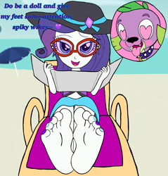 Size: 3022x3155 | Tagged: safe, artist:zeekthatgeek, rarity, spike, dog, human, equestria girls, g4, barefoot, beach, feet, fetish, foot fetish, foot focus, hat, heart, heart eyes, high res, looking at you, love, nail polish, soles, sunglasses, toenail polish, toes, umbrella, wingding eyes