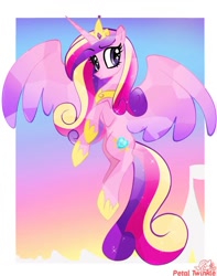 Size: 895x1135 | Tagged: safe, artist:petaltwinkle, princess cadance, alicorn, pony, g4, colored wings, concave belly, crystallized, eyebrows, eyebrows visible through hair, eyelashes, female, flying, frame, gradient background, gradient wings, looking at you, mare, needs more jpeg, signature, slender, smiling, smiling at you, solo, sparkly eyes, thin, wingding eyes, wings