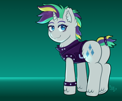 Size: 3388x2800 | Tagged: safe, artist:yumomochan, rarity, pony, unicorn, g4, alternate hairstyle, bracelet, butt, clothes, ear fluff, female, high res, jacket, jewelry, mare, neon, plot, punk, raripunk, rearity, short hair, short tail, solo, tail