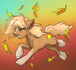 Size: 2700x2511 | Tagged: safe, artist:opalacorn, earth pony, pony, blaze (coat marking), coat markings, commission, facial markings, falling leaves, female, grin, high res, leaves, mare, natural coat color, ponified, running, sergeant reckless, smiling, socks (coat markings), solo, ych result