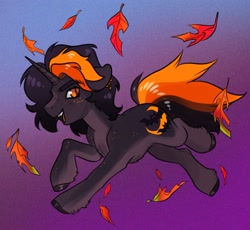 Size: 2700x2481 | Tagged: safe, artist:opalacorn, oc, oc only, oc:hijinx, pony, unicorn, commission, disguise, disguised changeling, falling leaves, gradient background, high res, leaves, male, open mouth, open smile, running, slit pupils, smiling, solo, stallion, ych result