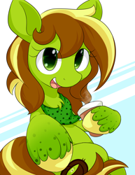 Size: 2550x3300 | Tagged: safe, artist:dshou, oc, oc only, oc:kiwi, earth pony, pony, abstract background, bandana, coffee, coffee cup, cup, earth pony oc, high res, hoof hold, looking at you, open mouth, sitting, smiling, solo, unshorn fetlocks