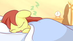 Size: 1920x1080 | Tagged: safe, artist:dshou, oc, oc only, oc:shooting star, pony, alarm clock, bed, blanket, clock, onomatopoeia, open mouth, sleeping, solo, sound effects, zzz
