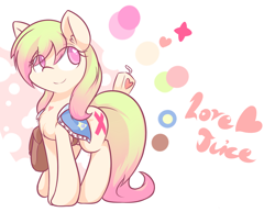Size: 1400x1080 | Tagged: safe, artist:dshou, oc, oc only, oc:love note, earth pony, pony, bag, chest fluff, clothes, earth pony oc, eye clipping through hair, female, juice, juice box, mare, simple background, solo, white background