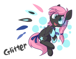 Size: 1400x1080 | Tagged: safe, artist:dshou, oc, oc only, earth pony, pony, black coat, bow, earth pony oc, floating, looking at you, open mouth, open smile, pink mane, ponytail, simple background, smiling, solo, tail, tail bow, white background